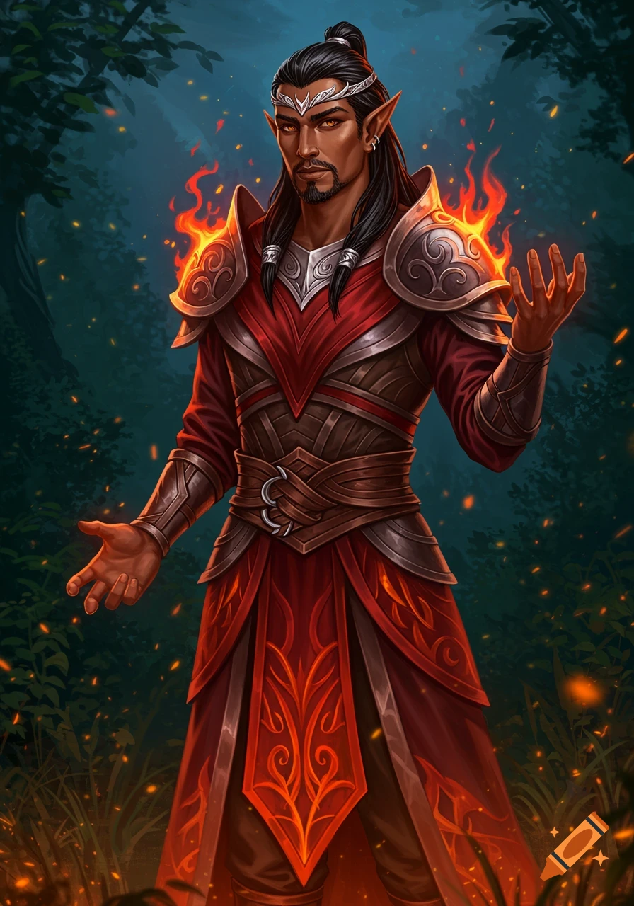 A dark-skinned half-elf male wizard with black hair and a beard, wearing red noble armor, stands in a forest with fire magic around him.
