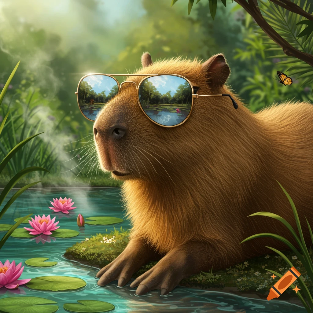 A photorealistic capybara wearing aviator sunglasses, sitting in a pond with pink water lilies and lush green foliage.