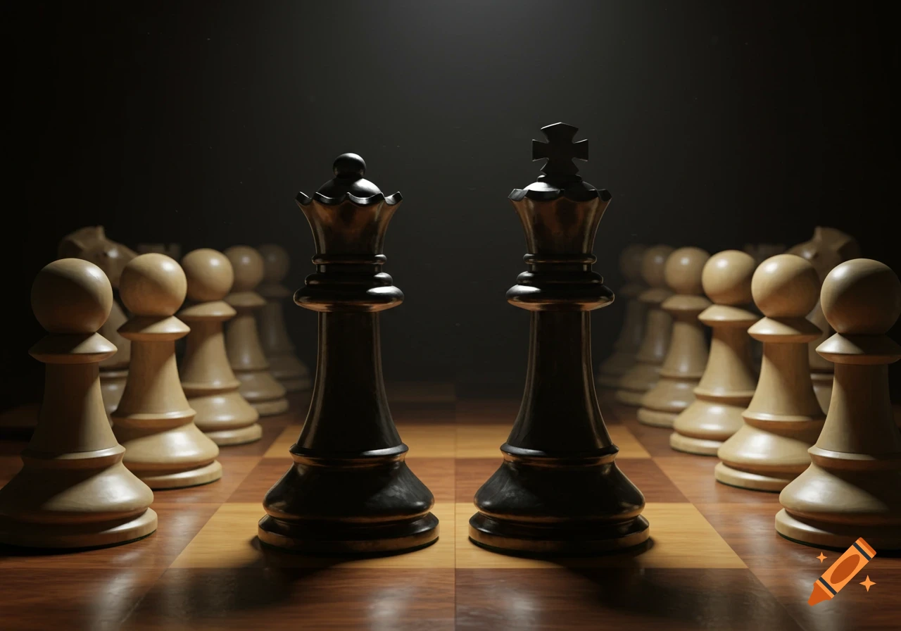 A dramatic, well-lit black queen and king chess pieces on a chessboard, with white pawns blurred in the background.