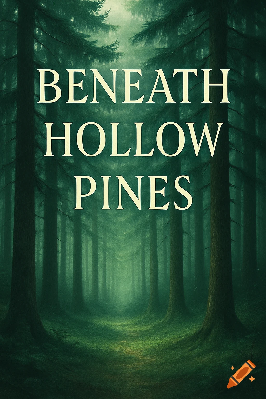 A dark, misty pine forest with a path leading into the distance. The text 'BENEATH HOLLOW PINES' is prominently displayed.