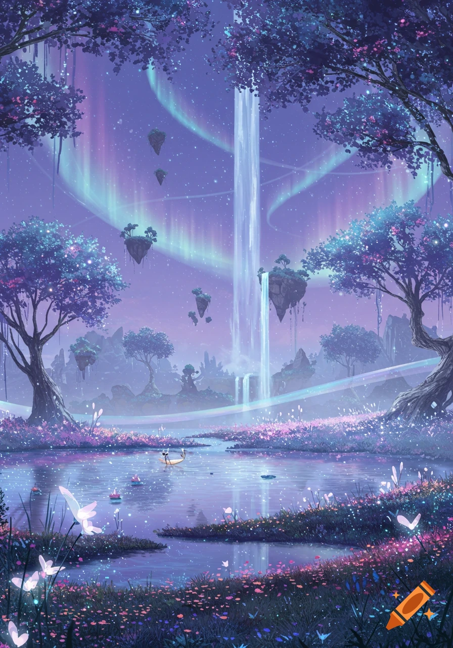 A vibrant fantasy landscape with glowing purple trees, a shimmering lake, and a tall waterfall cascading from a floating island under an aurora sky.