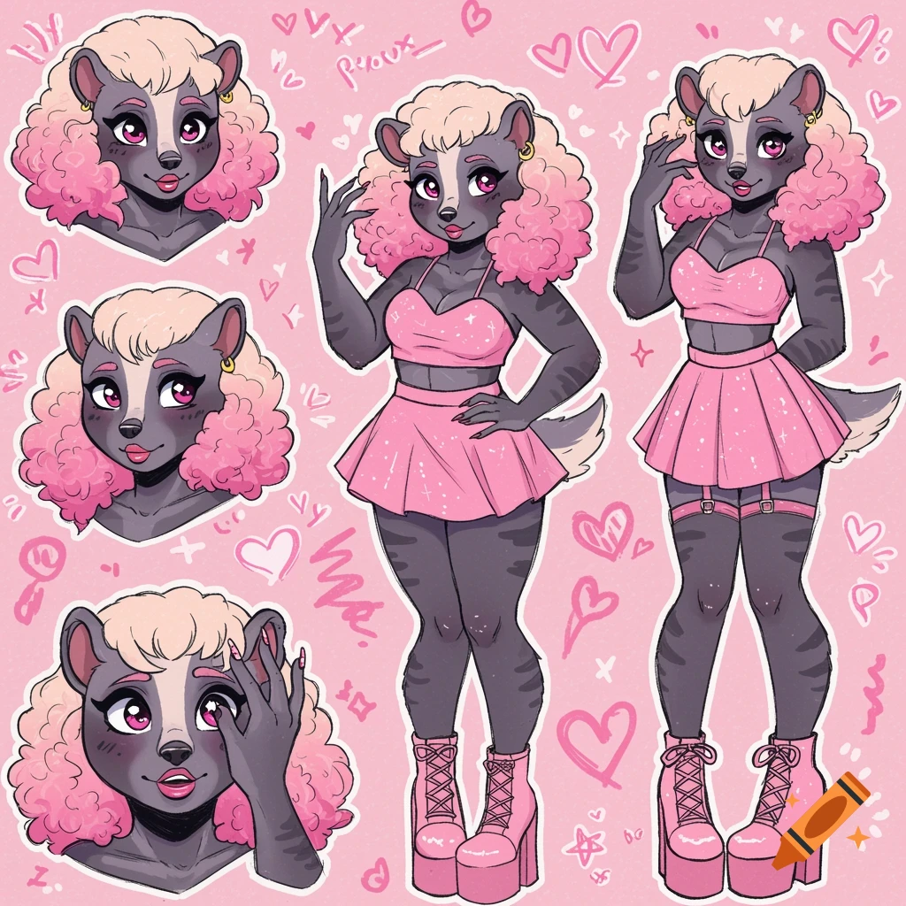 Cartoon style reference sheet of an anthropomorphic honey badger girl with pink curly hair, wearing a pink crop top, mini skirt, and platform boots, surrounded by pink hearts and scribbles on a light pink background.
