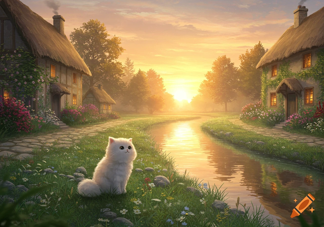 A fluffy white cat sits by a river flowing through a quaint village with thatched-roof cottages and blooming flowers at sunrise.