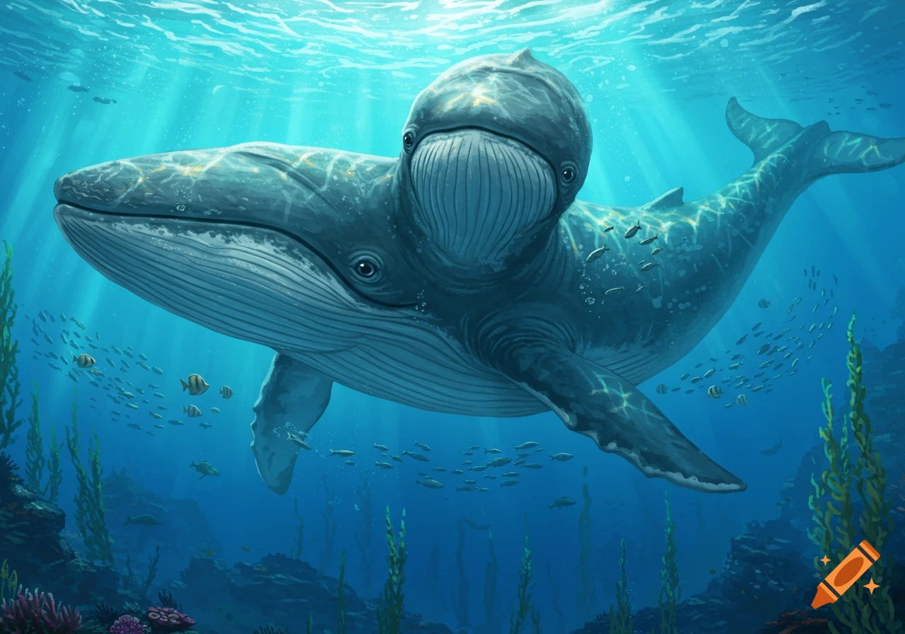 A large, two-headed blue whale swims in a sunlit ocean, surrounded by schools of small fish and seaweed.