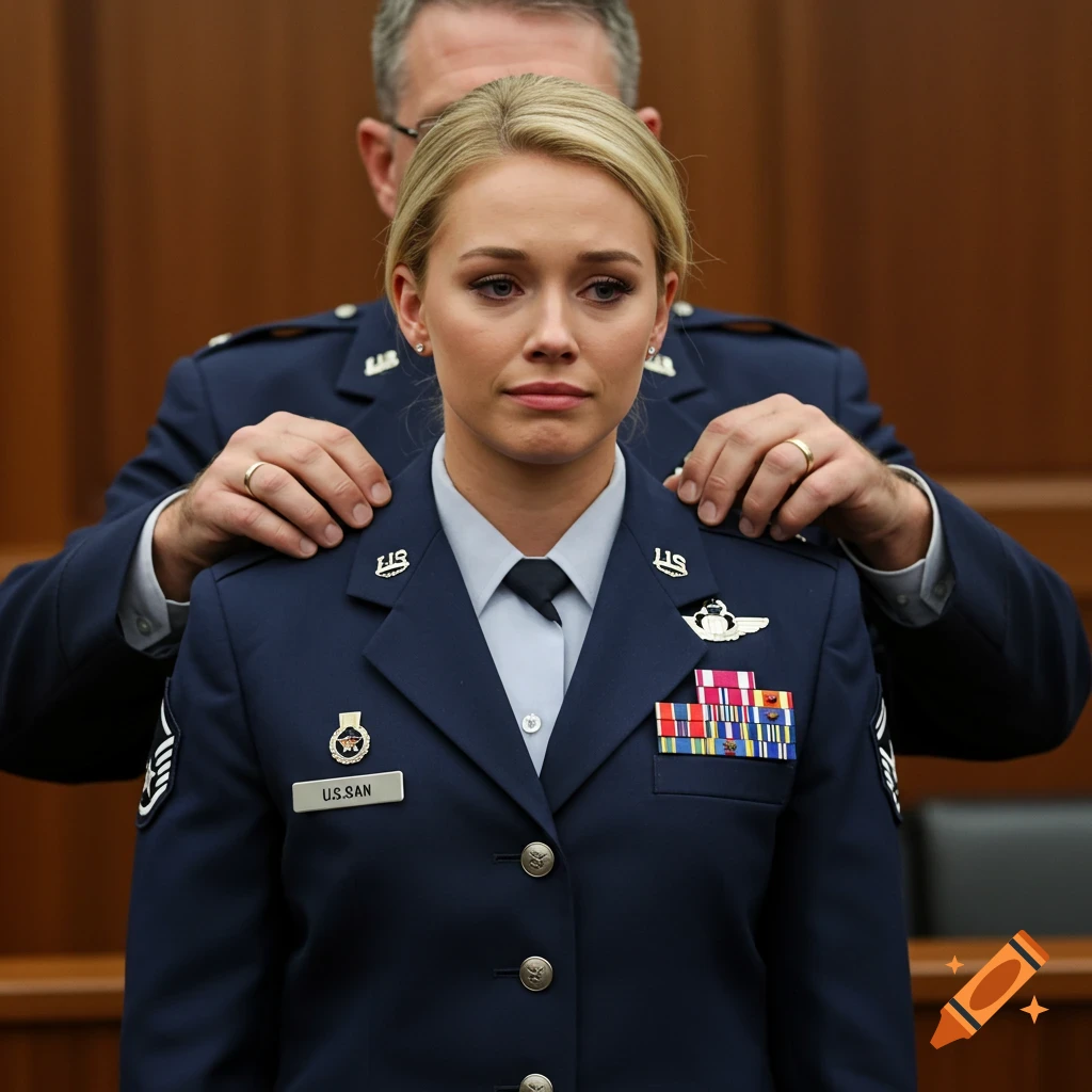 A solemn blonde woman in a U.S. Air Force uniform with medals on her chest looks down as a male officer places his hands on her shoulders.
