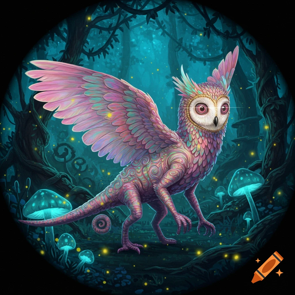 An illustrated fantasy creature with an owl head, colorful wings, and a scaled body in a glowing forest.