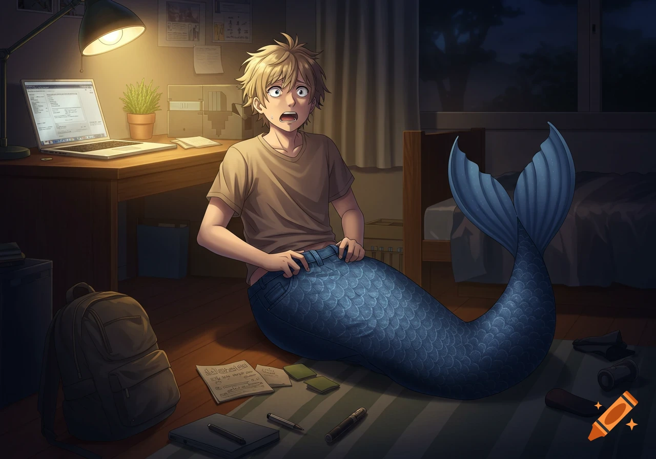 A blond merman with a blue jean denim tail sits on his bedroom floor, panicking. Anime style.