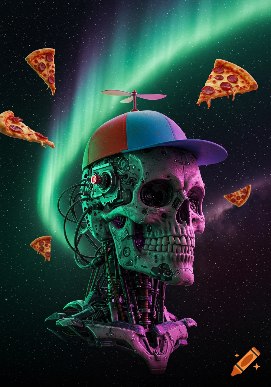 Detailed cyborg skull with a propeller hat against aurora, stars, and floating pizza slices in vibrant sci-fi style.