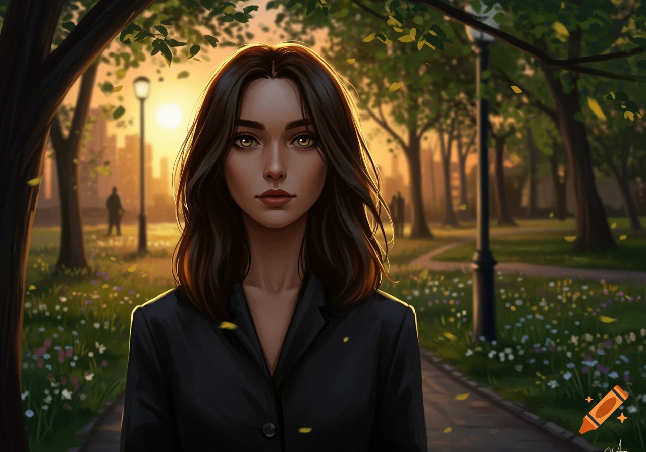 Digital art portrait of a woman with dark hair and yellow eyes in a park at sunset.