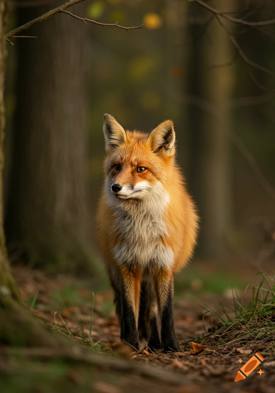 A photorealistic image of a red fox standing in a forest, looking to the left.