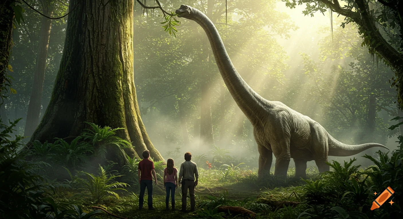 Three people stand in a lush, misty jungle, looking up at a towering brachiosaurus eating leaves from a large tree. Sunlight streams through the canopy.