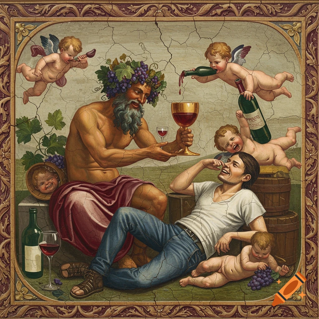 A satirical Renaissance fresco featuring Dionysus offering wine to a reclining man in jeans, surrounded by playful cherubs interacting with wine and grapes. The image has a cracked plaster texture.