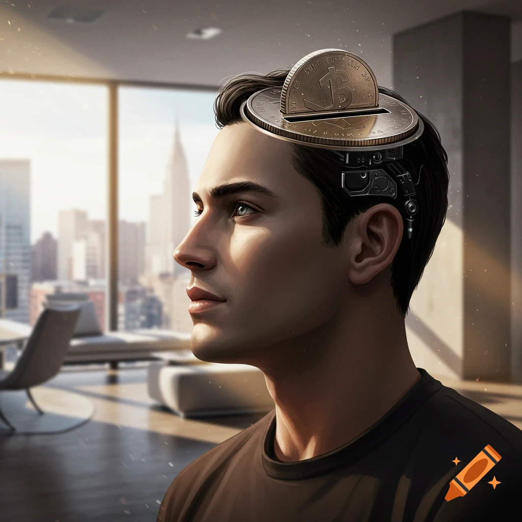 A man with a coin slot on the top of his head looks thoughtfully out a window at a city skyline.