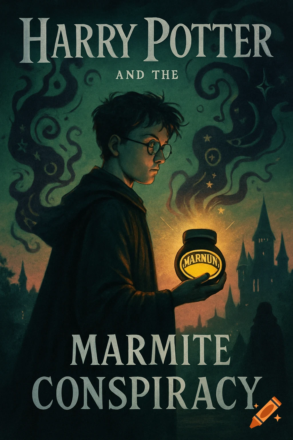 A dark fantasy book cover featuring a young wizard resembling Harry Potter holding a glowing jar, with a castle in the background.