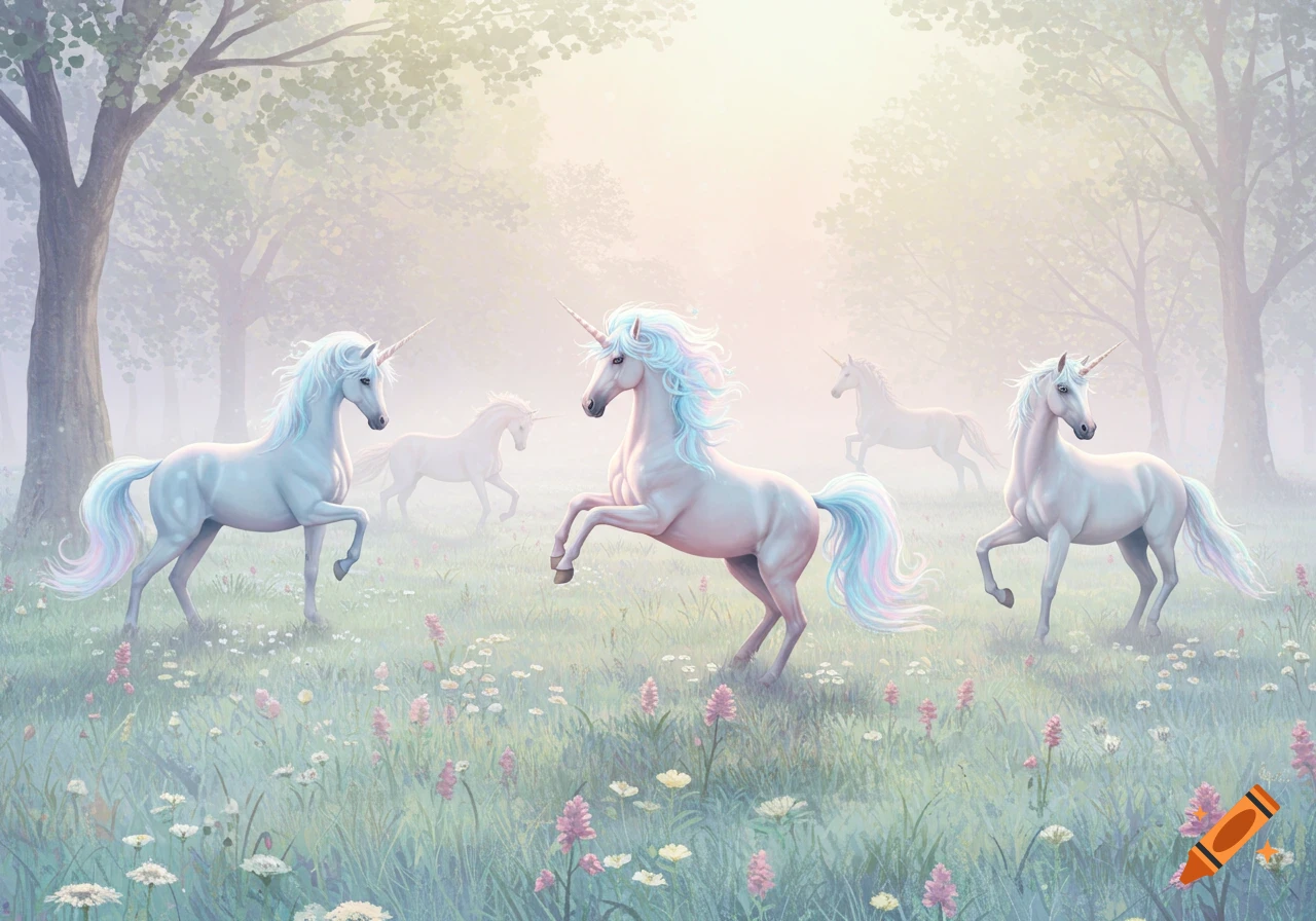 Several white unicorns with rainbow manes frolic in a misty, ethereal forest clearing filled with wildflowers.