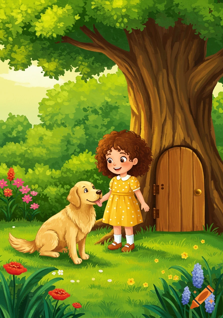 A cartoon girl with curly brown hair in a yellow dress stands next to a golden retriever in a lush green garden with an oak tree and a small wooden door.