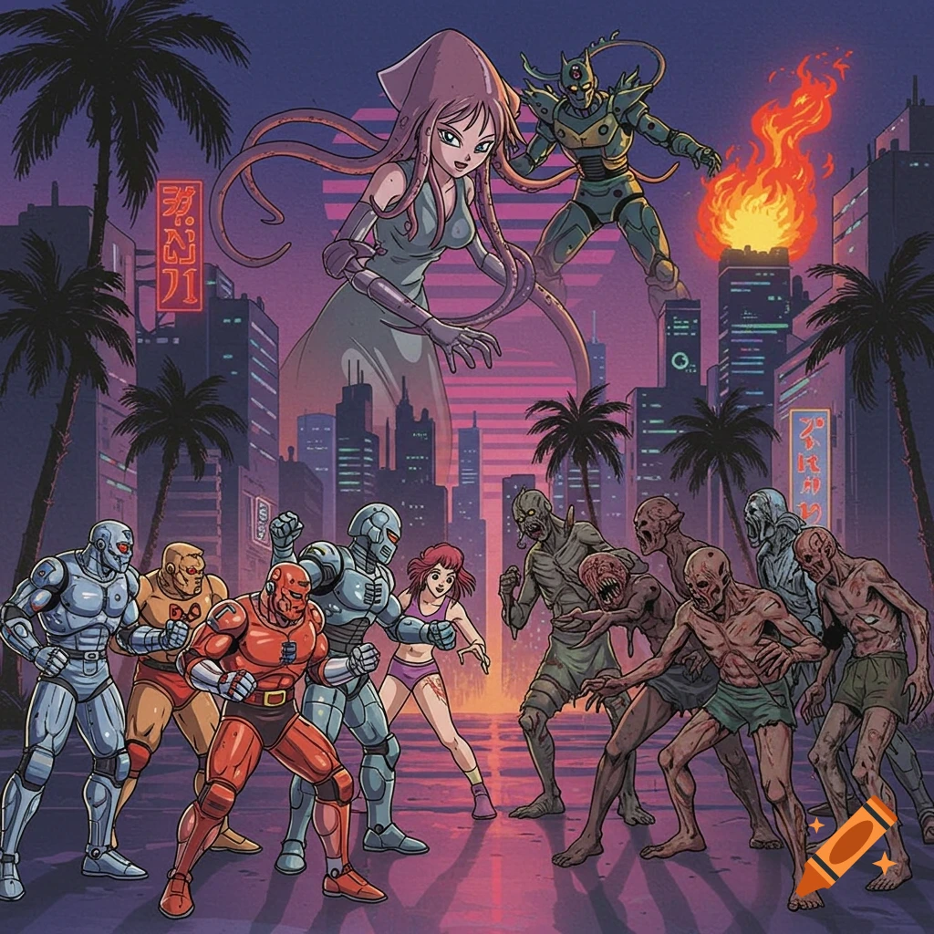 Retro anime style with a giant squid-human kaiju and a fire robot over a city, while cyborgs and a woman fight zombies below.