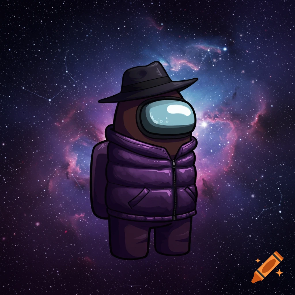 A black Among Us character wearing a fedora and a dark purple puffy jacket stands against a vibrant galaxy and stars.