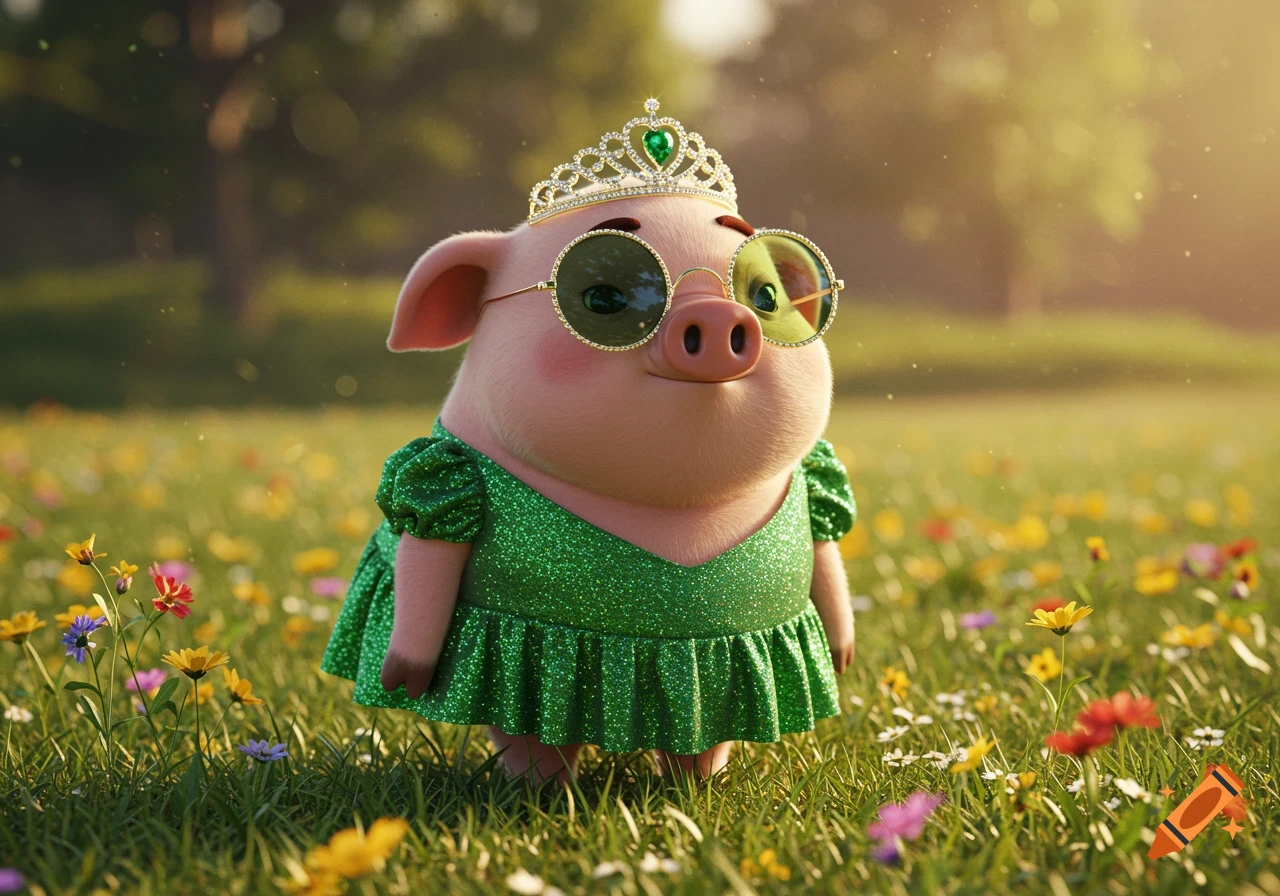 A cute pig wearing a green glittery dress, round sunglasses, and a tiara stands in a sunlit field of wildflowers.