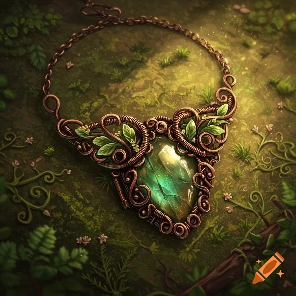 An intricate, wire-wrapped copper necklace with a glowing green gemstone heart, adorned with leaves, resting on mossy forest ground.