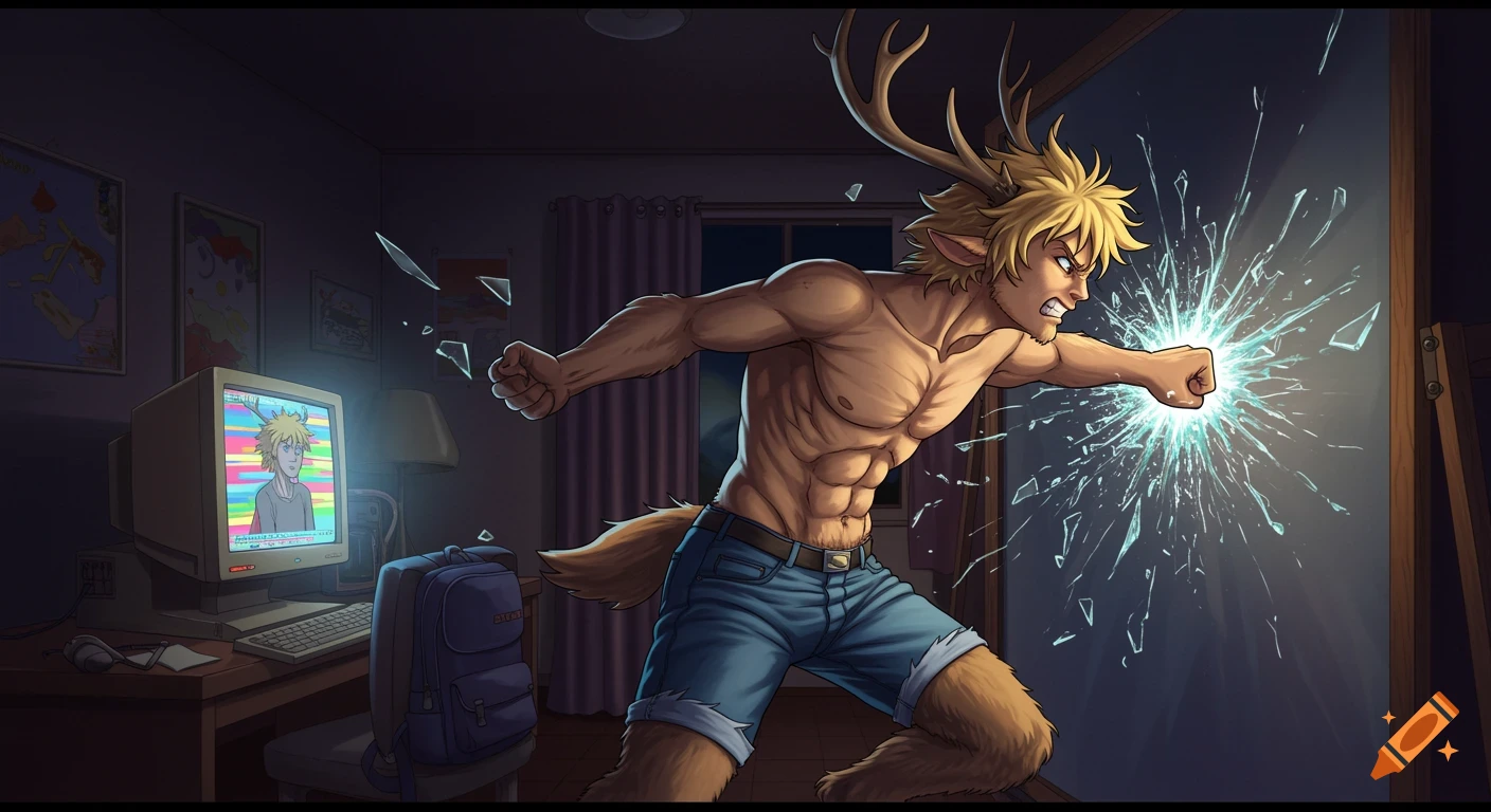A shirtless blond satyr with antlers and a tail in blue jean shorts punches a full-length mirror, shattering it. An old computer and backpack are in his dark bedroom, anime style.