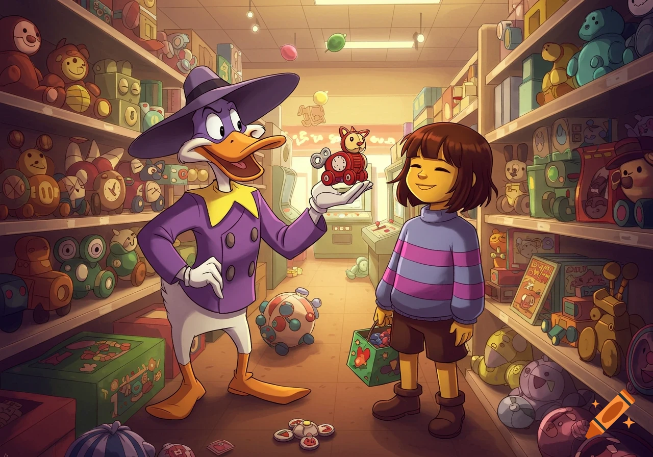 Darkwing Duck shows a red wind-up toy to Frisk in a brightly lit toy store filled with colorful toys, cartoon style.