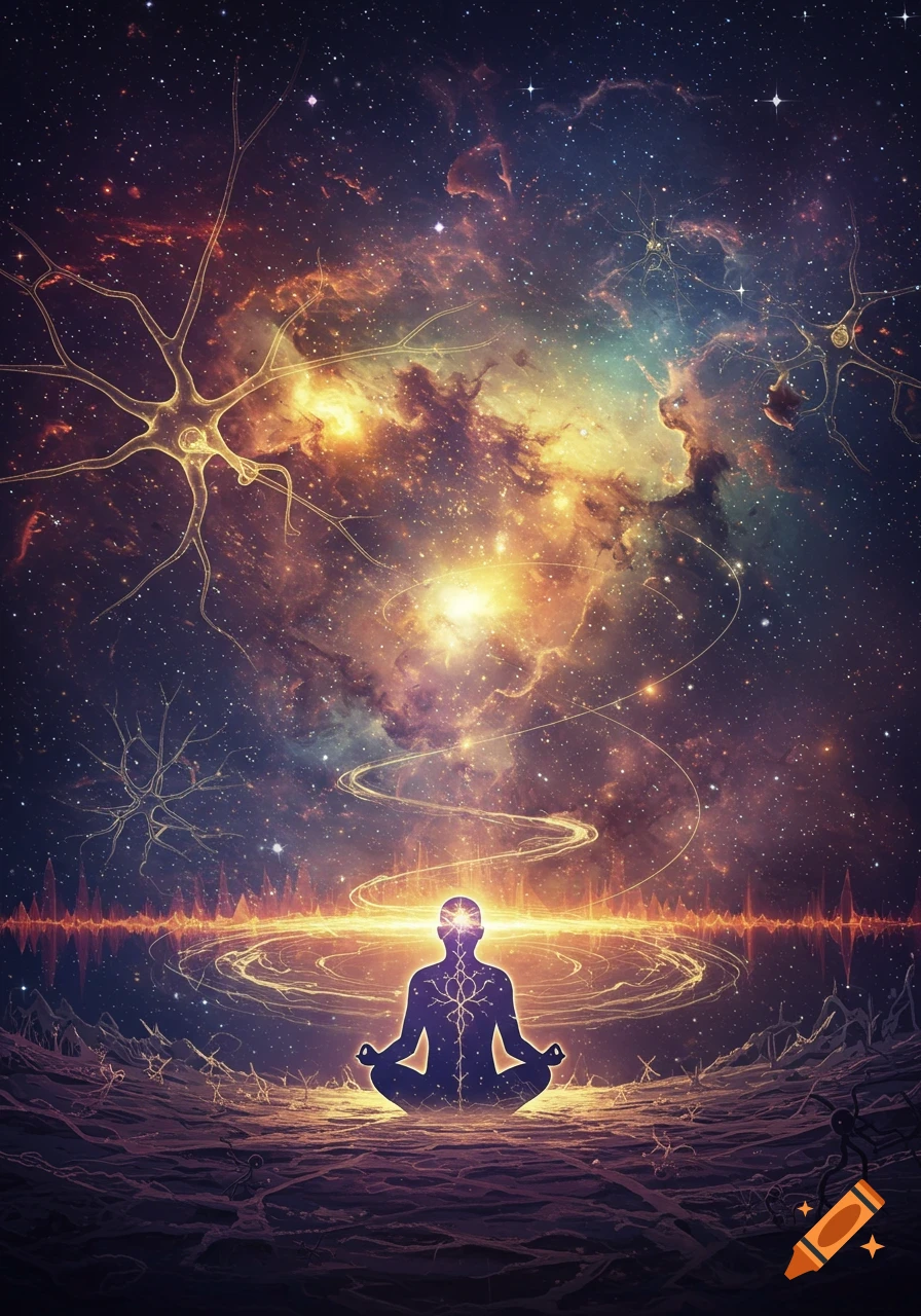 A person meditating in a lotus position, silhouetted against a vibrant galaxy with nebulae, stars, and glowing neural patterns.