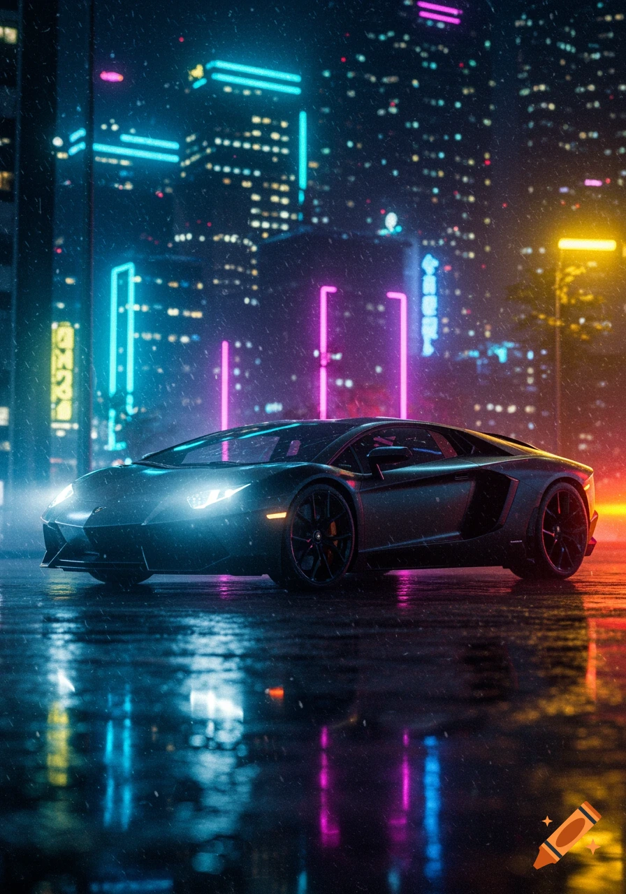 A dark Lamborghini parked on a wet street at night in a neon-lit cyberpunk city during a rain shower, with reflections on the ground.
