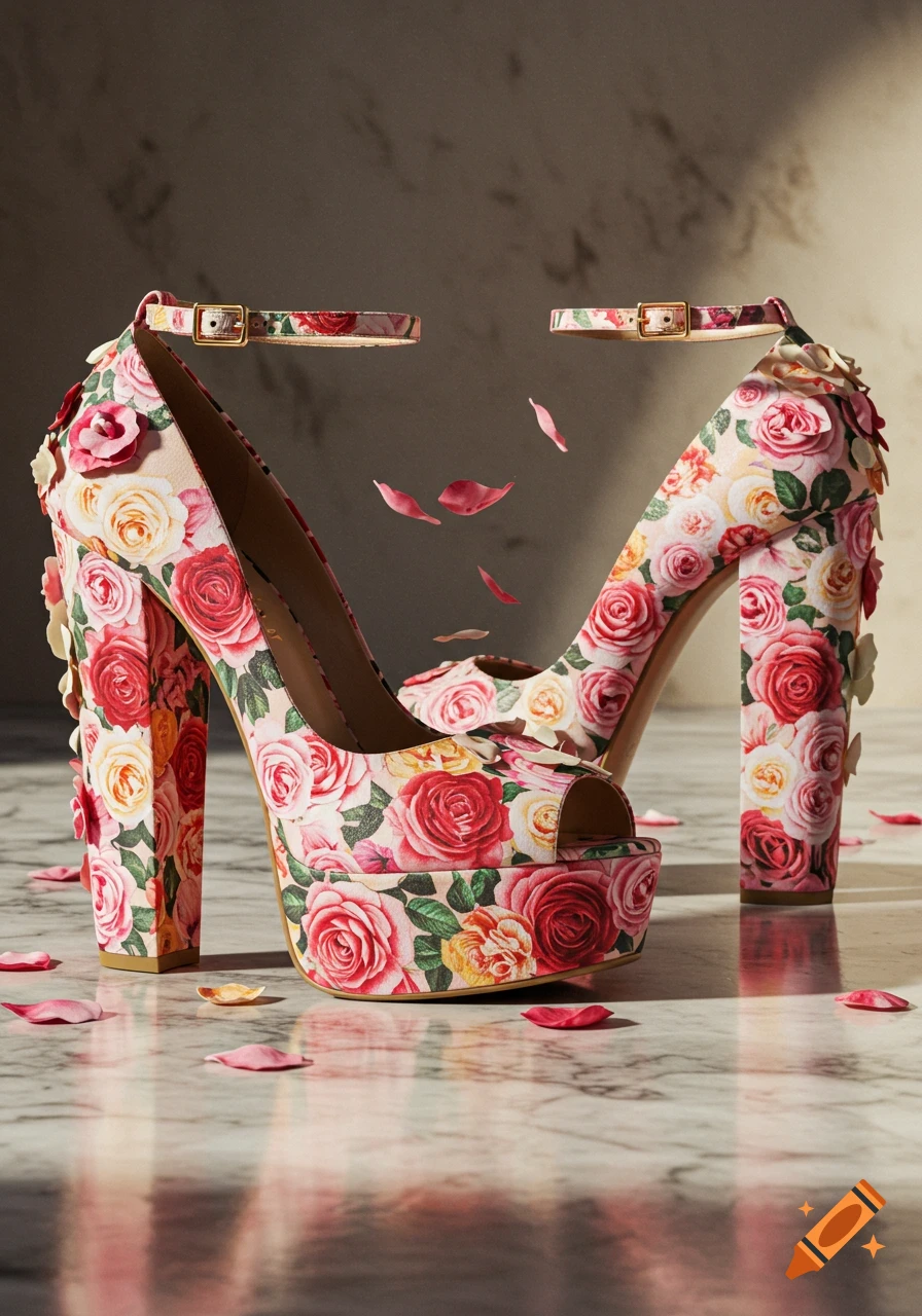 Floral tall chunky high heels on a marble surface with scattered rose petals.
