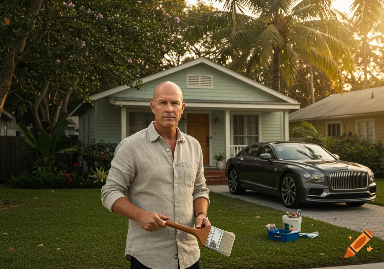 A bald man holding a large paintbrush stands in front of a green house with a dark car in the driveway, surrounded by lush plants.