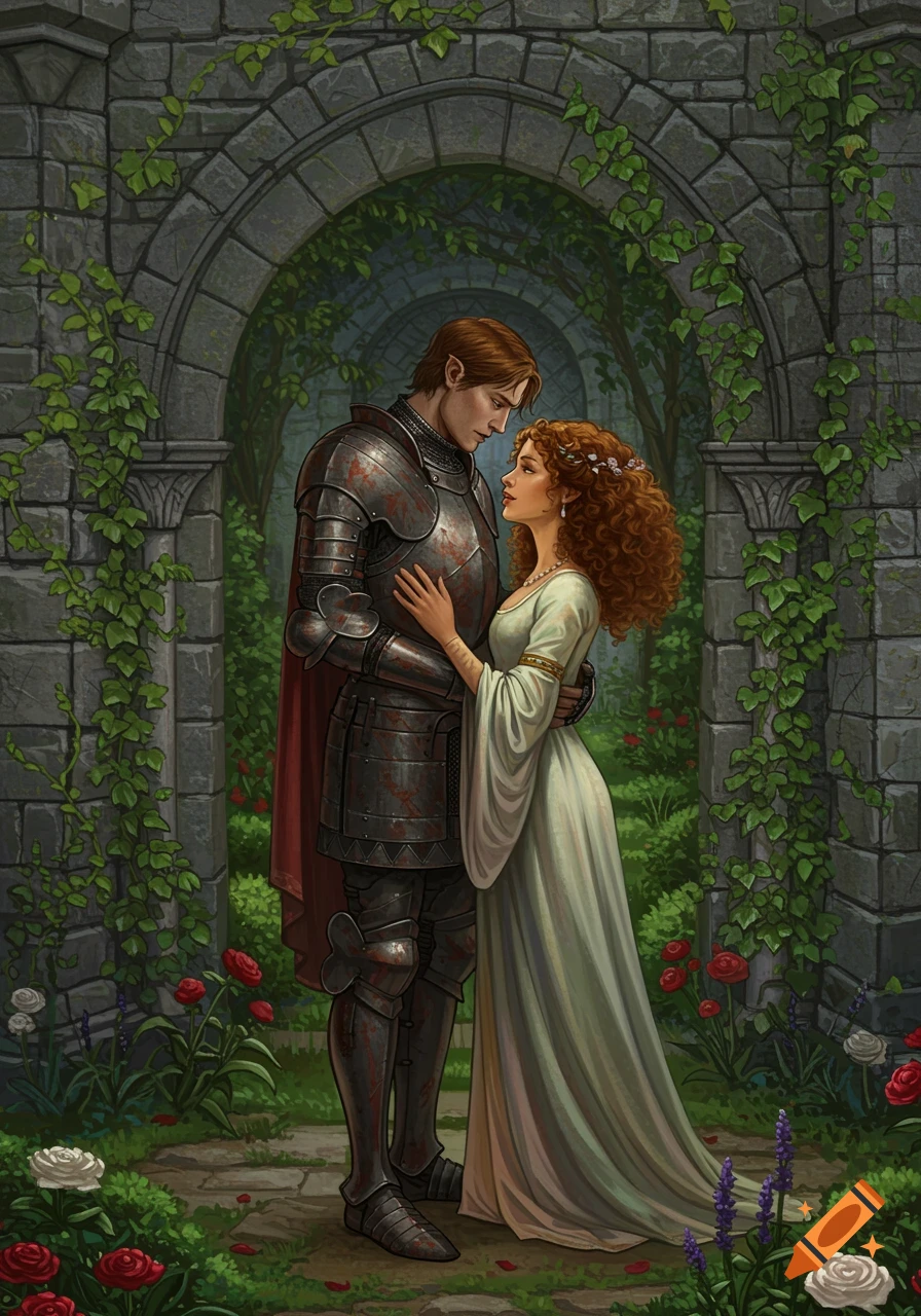 A knight in weathered armor and a princess in a white gown embrace in a stone castle garden with ivy and roses.