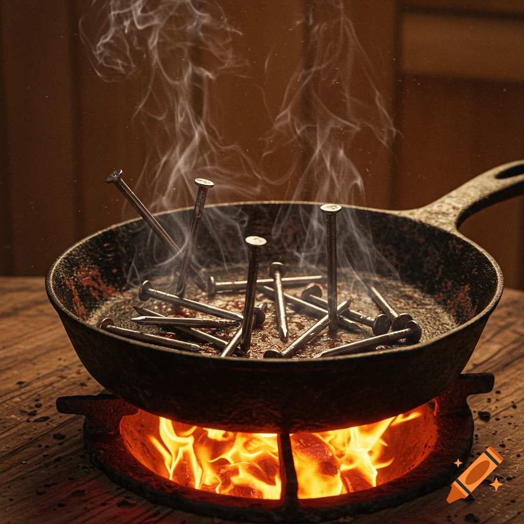 Iron nails are sizzling and smoking in a cast iron frying pan over an open flame, set on a wooden surface.