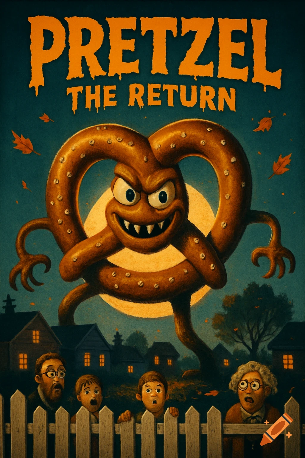 Vintage-style horror movie poster for "Pretzel: The Return" depicting a monstrous, fanged pretzel looming over terrified people in a suburban neighborhood at night.