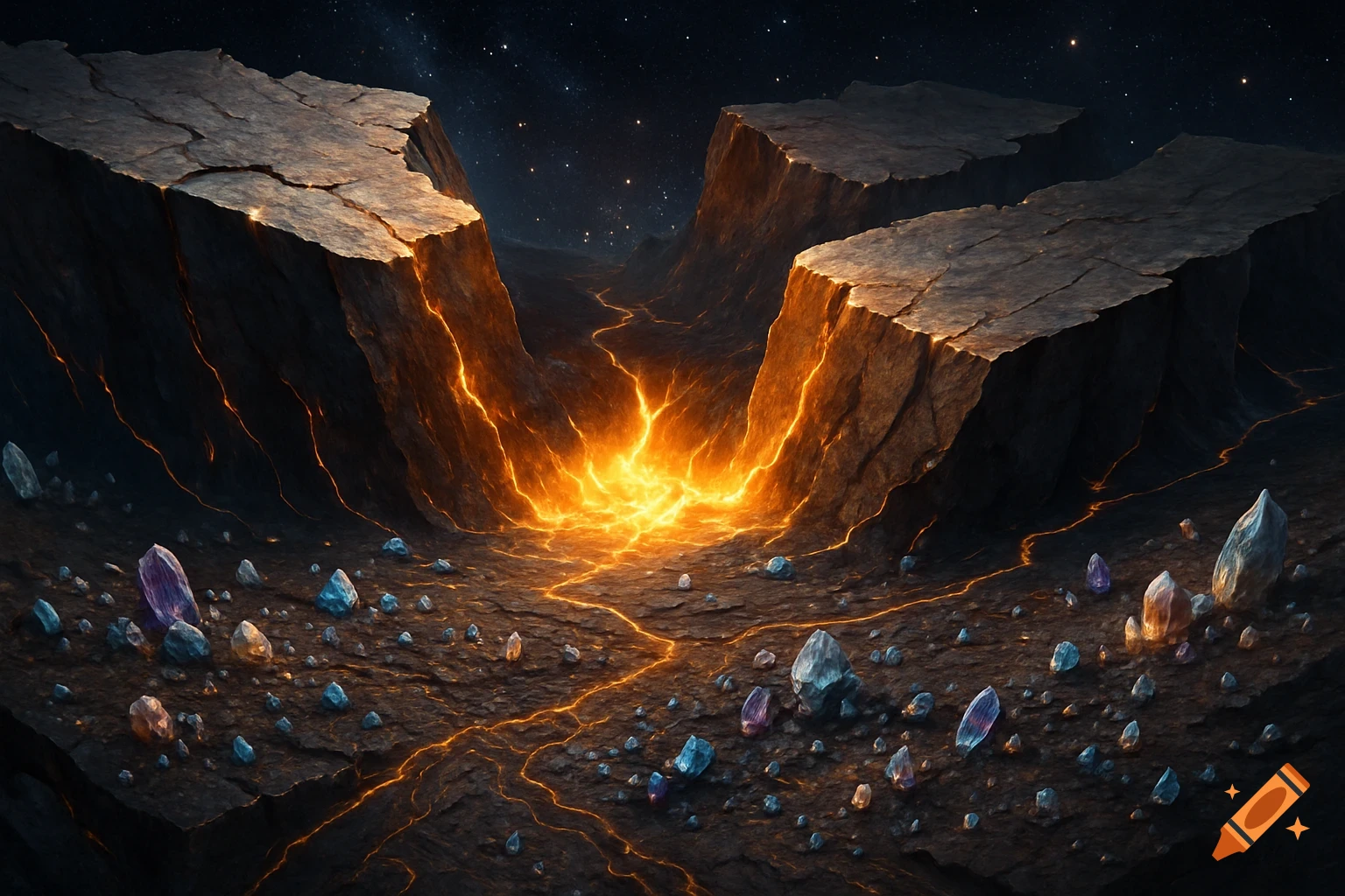 Dark, rocky alien landscape with glowing orange fissures and scattered crystals under a starry sky.