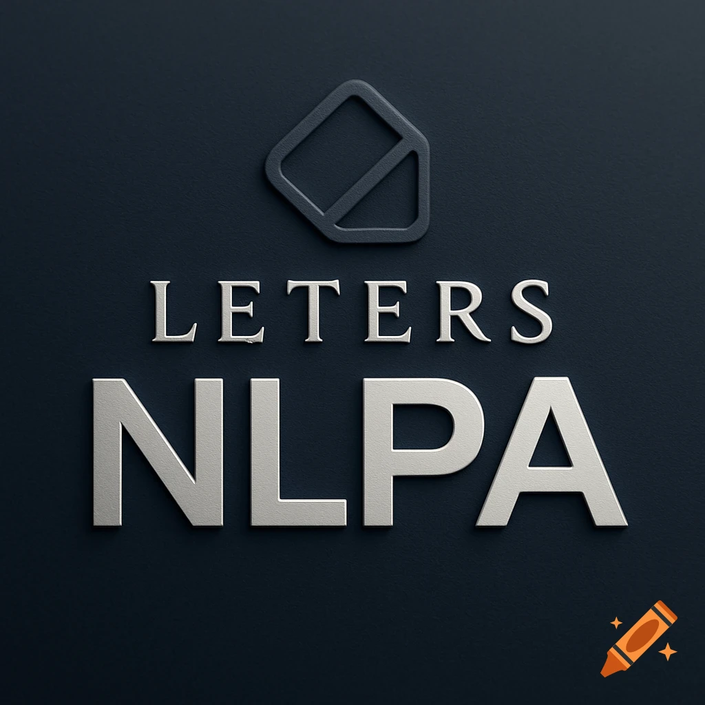A 3D metallic logo with the text 'LETERS NLPA' and an abstract symbol, against a dark textured background.