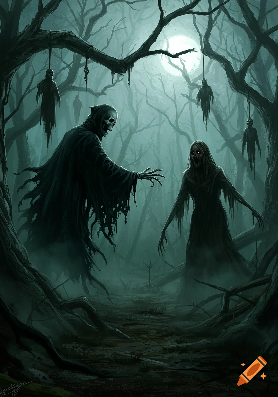 A shadowy Grim Reaper figure faces a ghoulish monster with glowing eyes in a misty, dark forest with bare trees and hanging bodies under a full moon.