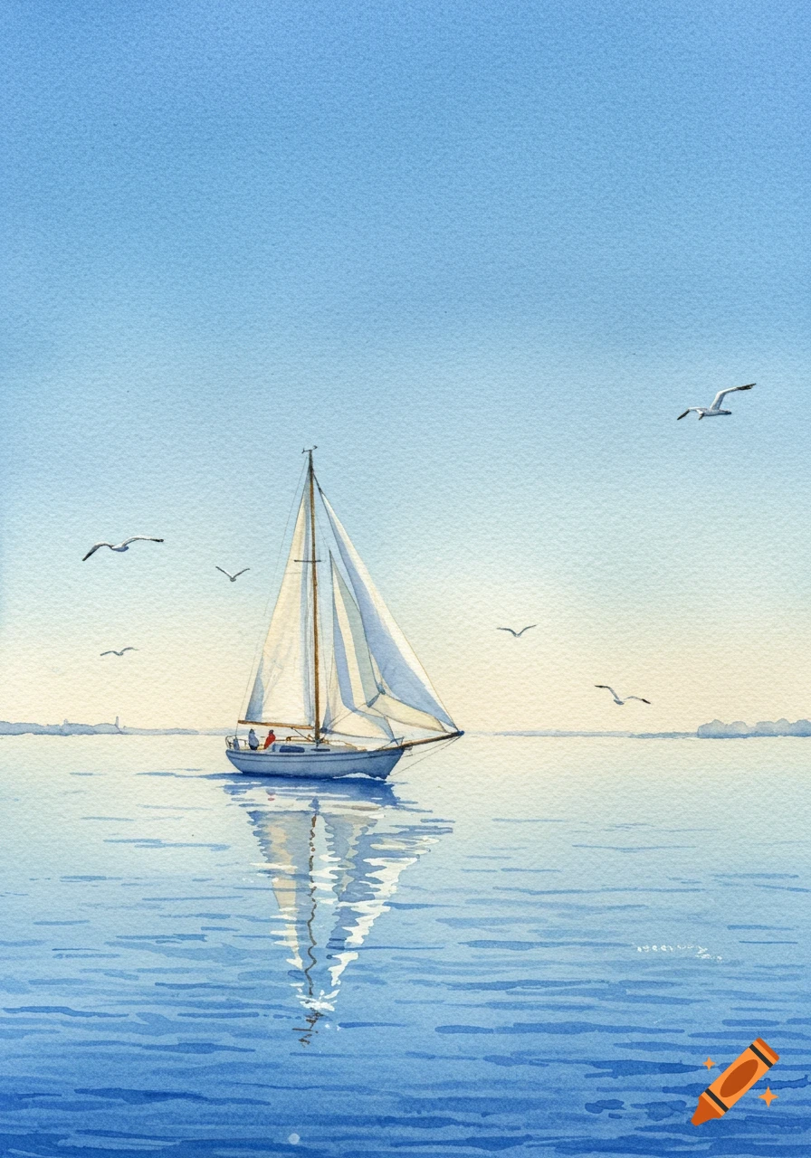 Watercolor painting of a sailboat on calm blue water with seagulls flying above.