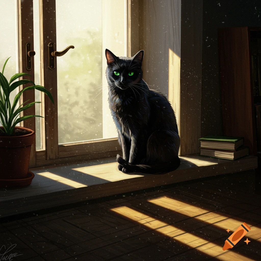 A black cat with luminous green eyes sits on a sunlit windowsill next to a plant and books.