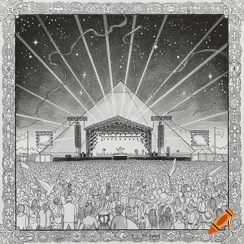 Black and white line drawing of the Glastonbury Pyramid Stage at a music festival, with a large crowd, starry sky, and decorative border.