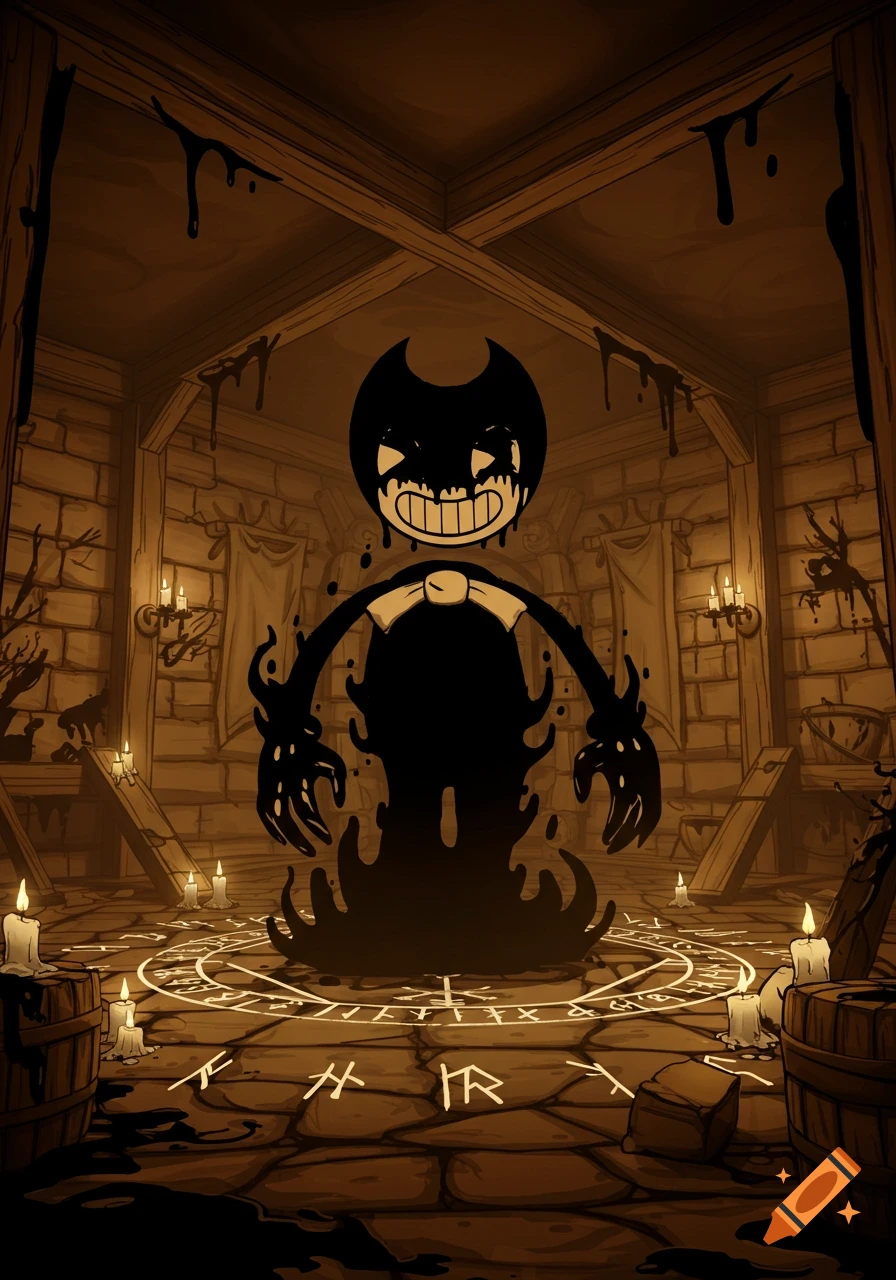 A creepy, cartoon black ink demon stands in a candlelit stone ritual room with a glowing circular symbol on the floor.
