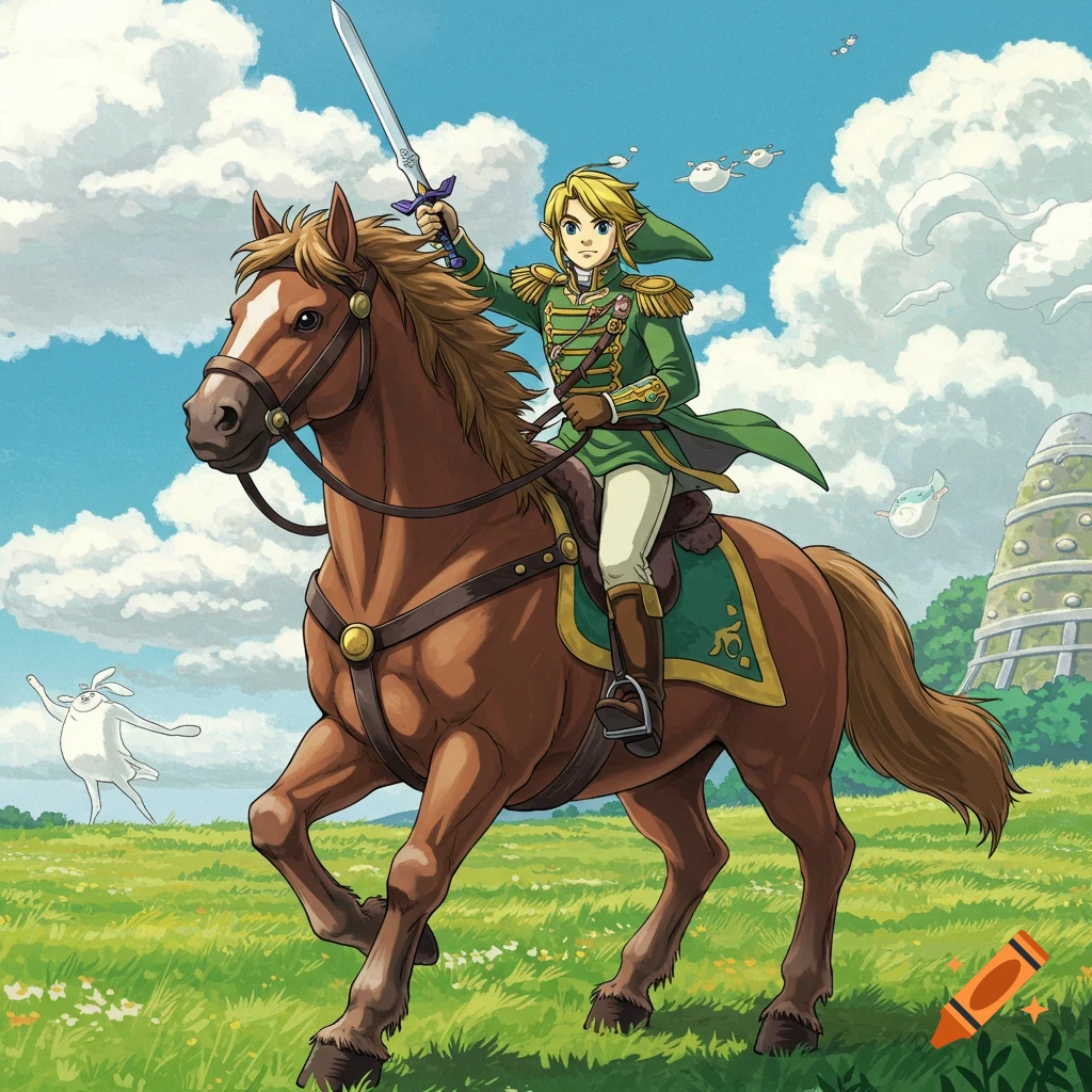 Cartoon Link from Zelda in a green military uniform rides a brown horse, holding a sword in a green field under a blue sky.