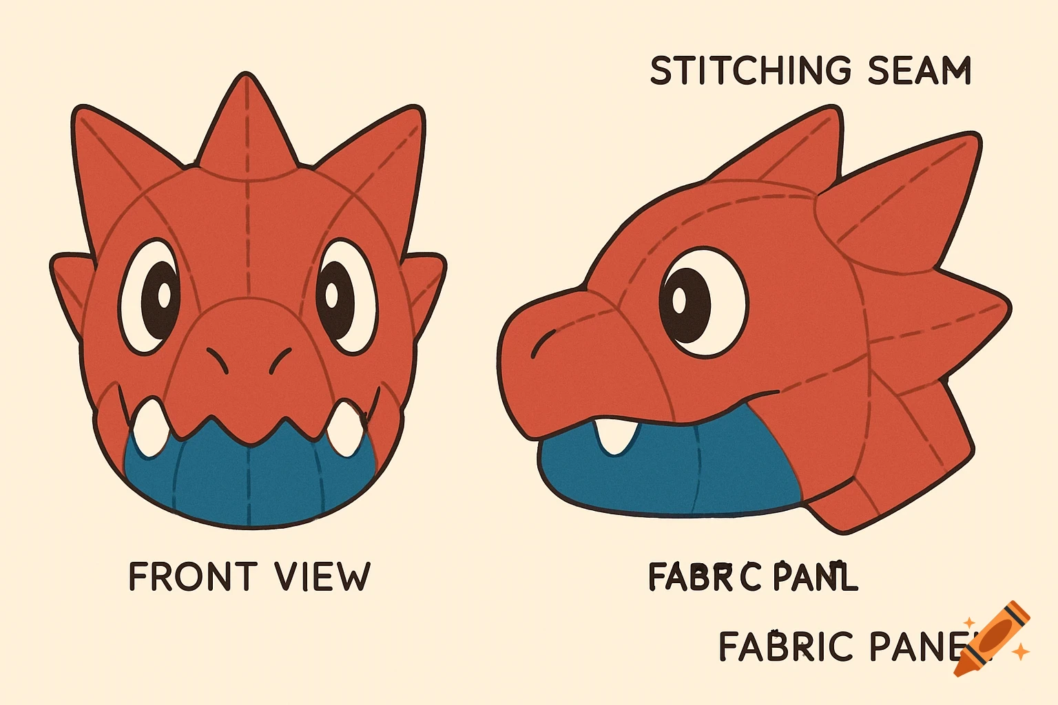 Front and side views of a red cartoon Druddigon plush head with stitching seams and fabric panel lines on a light background.
