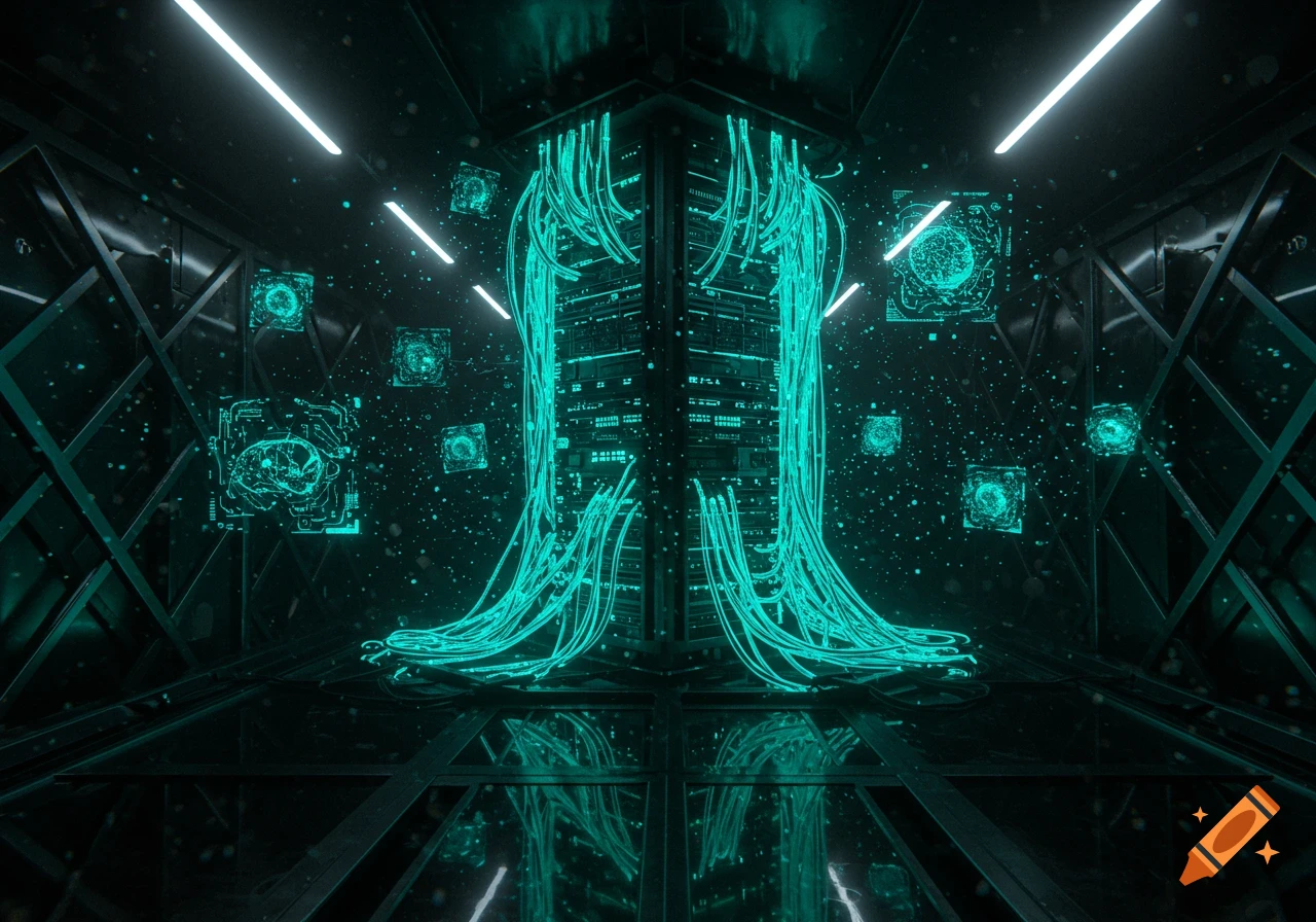 A dark, futuristic server room with glowing teal cables, a central data stack, and holographic screens showing brain imagery.