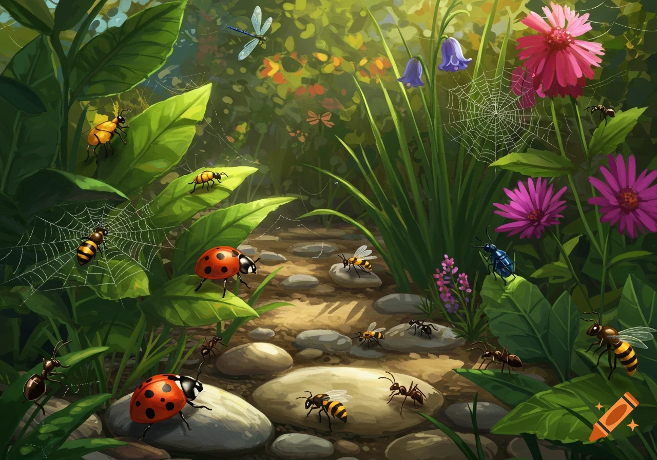 A vibrant illustration of a garden path teeming with various insects including ladybugs, bees, ants, and a dragonfly, amidst green foliage, flowers, and spiderwebs.