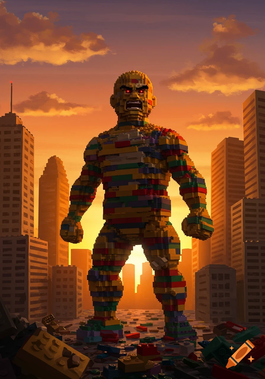 Giant angry Lego monster rampaging through a cityscape at sunset, with scattered bricks on the ground.