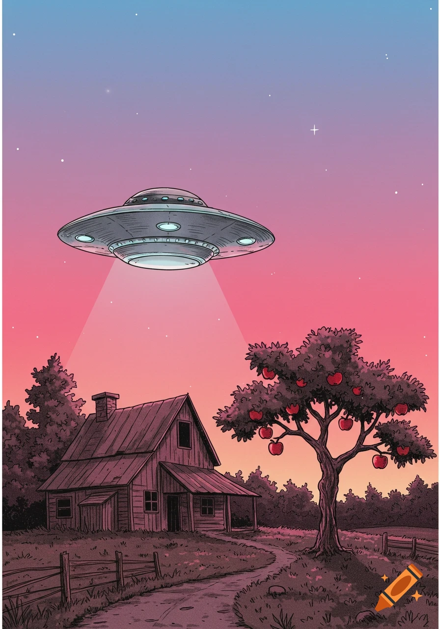 Cartoon charcoal illustration of a UFO hovering over an old farmhouse with an apple tree at sunset with pink and blue skies.