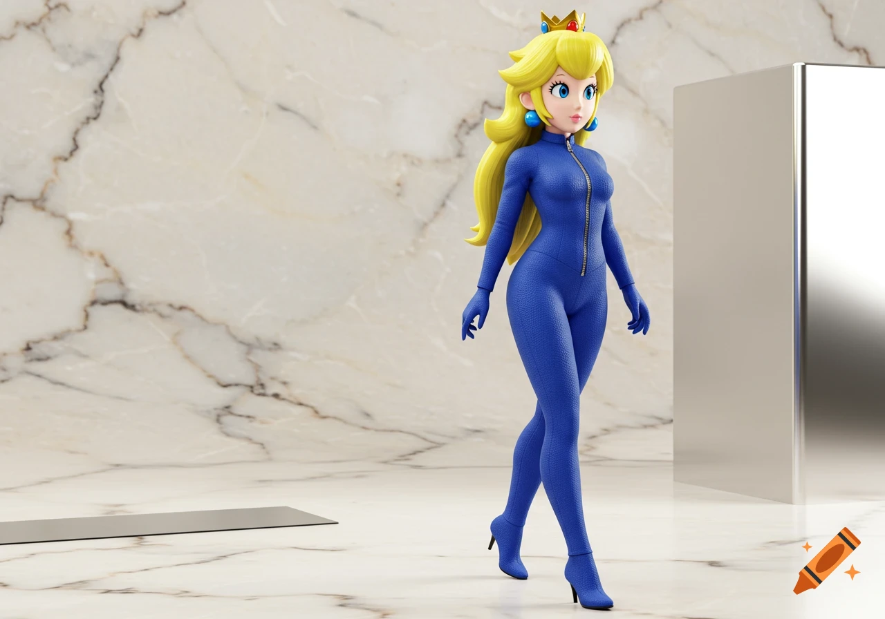 A 3D render of Princess Peach in a blue zipper jumpsuit and heels, walking against a marble background.