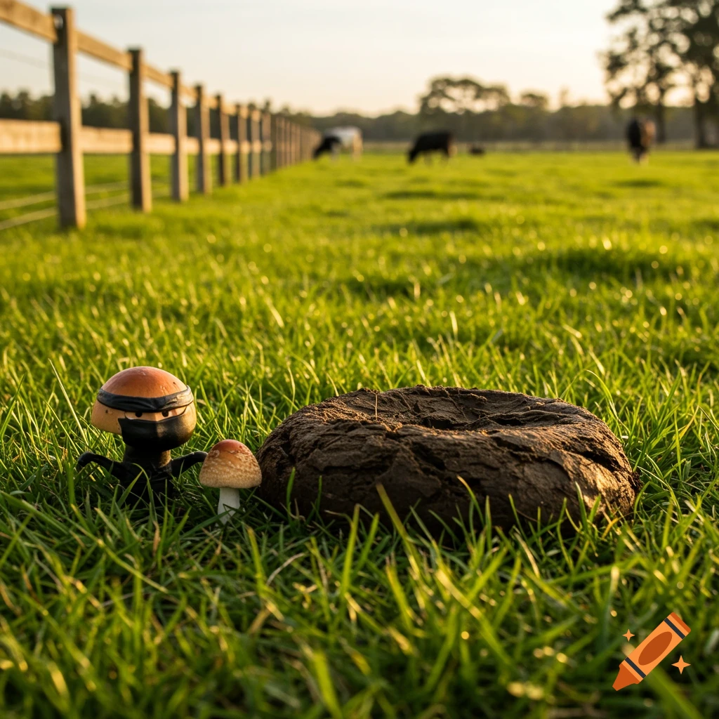 A photorealistic ninja mushroom and a smaller mushroom next to a cow patty in a green pasture with a wooden fence and cows in the background during sunset.