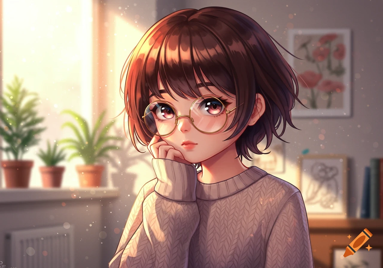 An anime woman with short brown hair and round glasses wearing a light sweater, looking thoughtful in a sunlit room with plants.