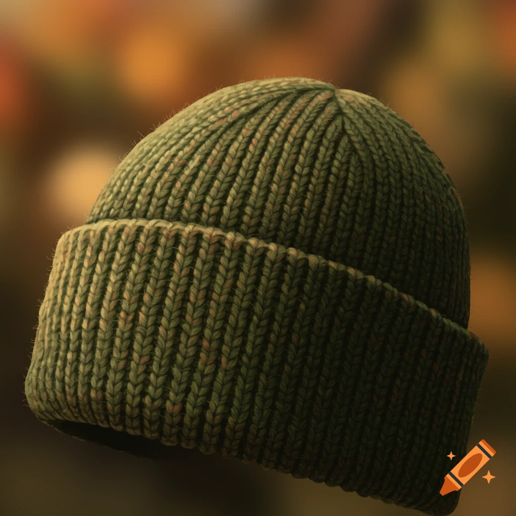 A close-up shot of a dark green knitted beanie hat with a ribbed cuff against a blurred warm background.